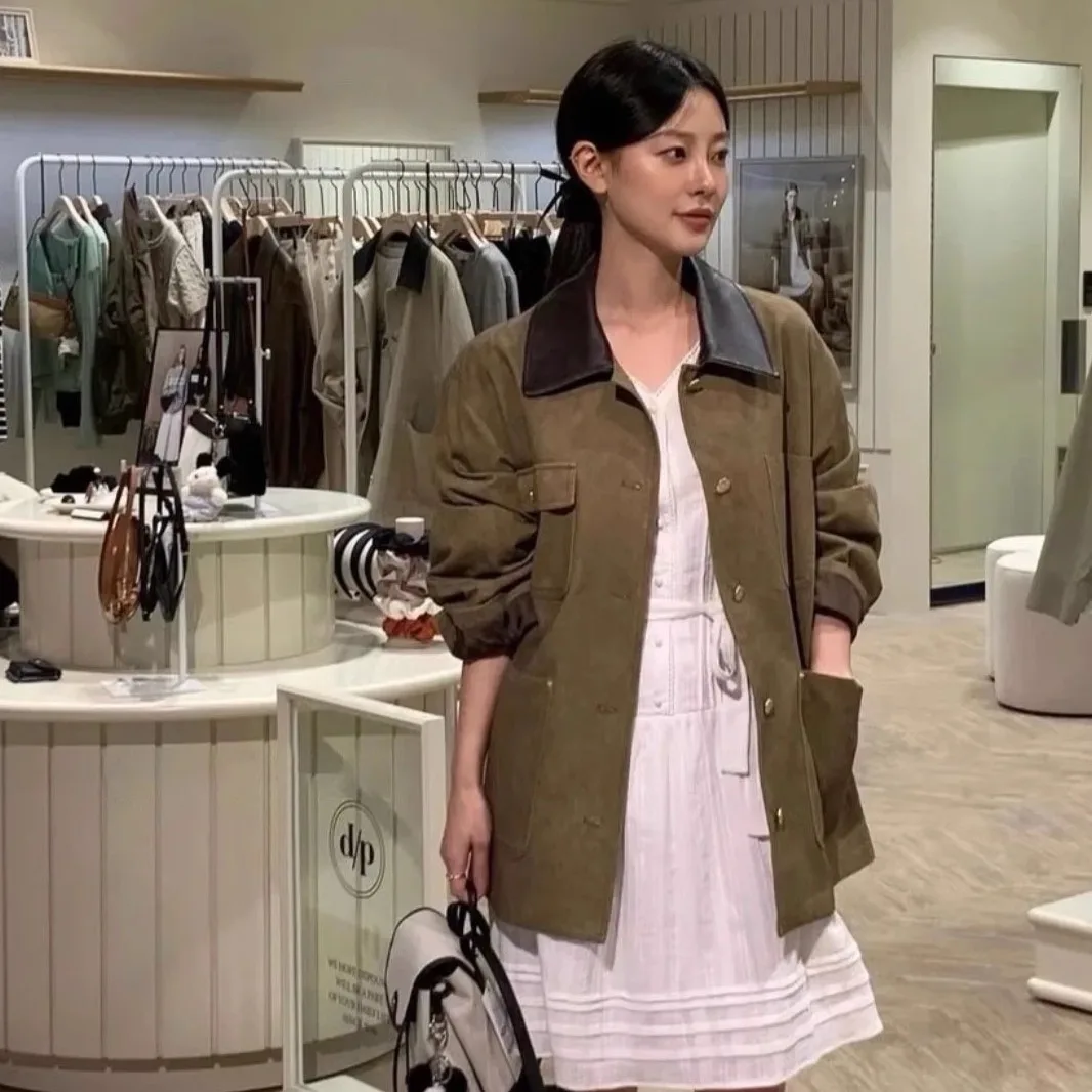 

Casual Loose Workwear Jaet Coat Flip Collar Long Sve Mid-Length Single Button Closure Pure Color Cotton 00% Autumn Oute...