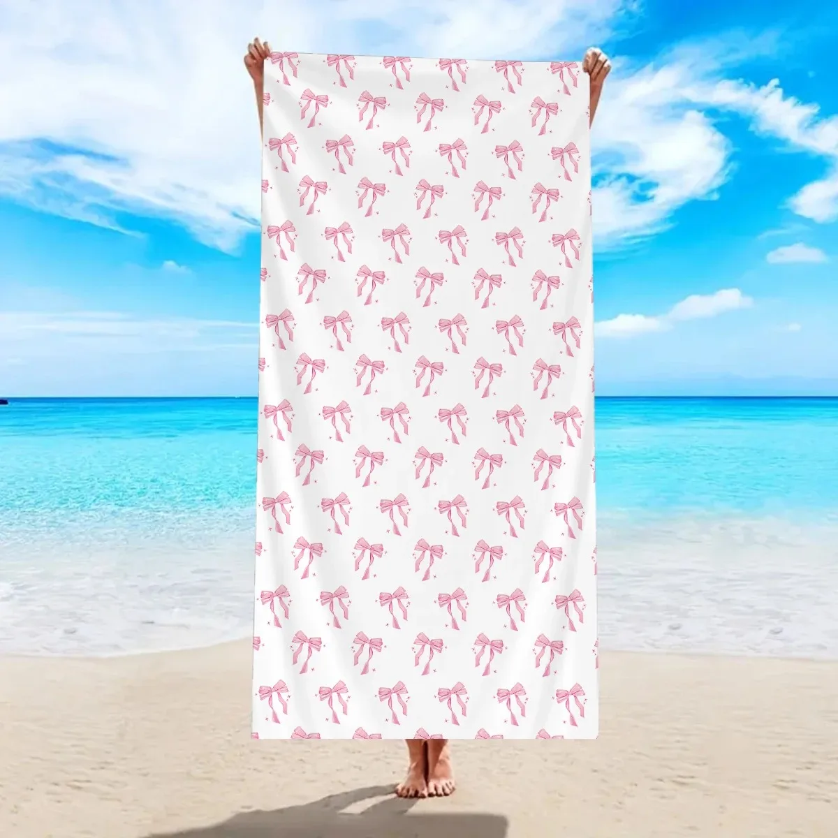 

Striped Bowknot Beach Towel Peach Skin 2D Flat Printed Large Bath Towel For Seaside Vacation Outdoor Picnic Yoga Blanket
