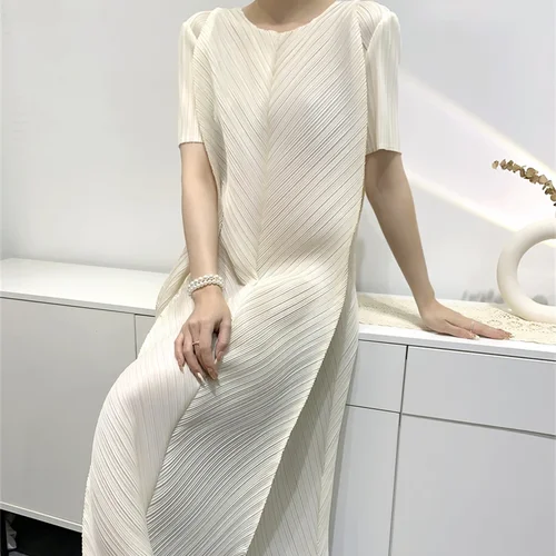 Miyake 플리츠 단색 우아한 루즈핏 파티 원피스 여성, 오넥 반팔 미디 원피스, 2024 가을 신상 패션 