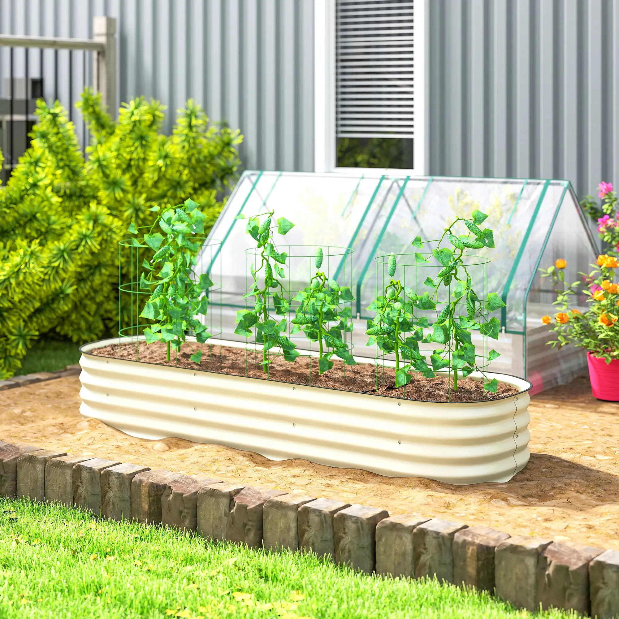 6.4' x 2' x 1' Galvanized Raised Garden Bed Kit, Metal Planter Box with Safety Edging, Cream