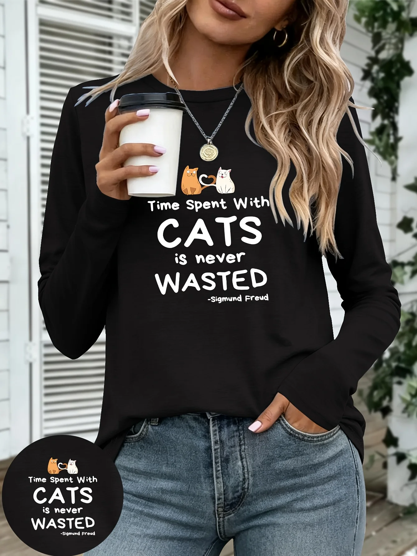 Time Spent with Cats Is Never Wasted Cat-Themed Fun Print Ound Neck Long Sleeve Casual T Shirt Women's Fashion T-shirt Clothes