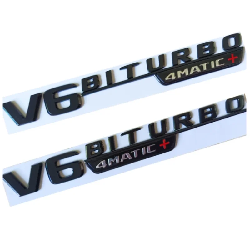 Glossy Black Metta Black Chrome Emblem for Mercedes Benz V6 BITURBO 4matic+ Car Styling Fender Badge Double Turbo Sticker