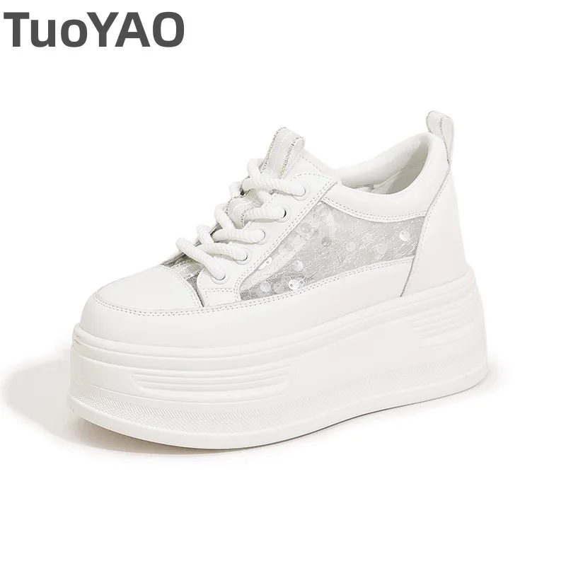 

8cm High Brand Mesh Chunky Sneaker Hollow Comfort Synthetic Summer Casual Shoes Platform Wedge Flats Sequins Leather Fashion