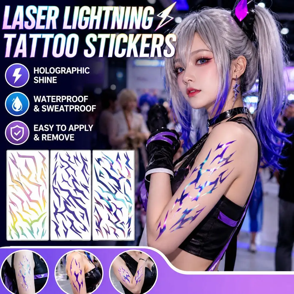 Arm Body Purple Lightning Tattoo Sticker Waterproof Lasting Temporary Tattoo Party Cosplay Body Stickers for Performance