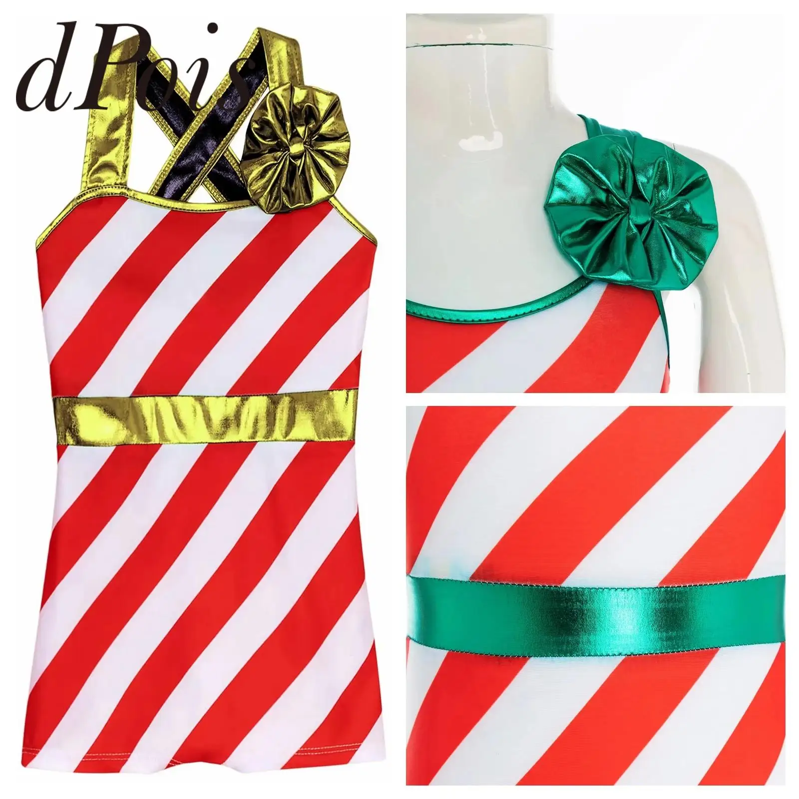 Kids Girls Xmas Dance Unitard Candy Cane Christmas Costume Striped Ballet Gymnastics Leotard Jumpsuit for Santa Festive Outfit