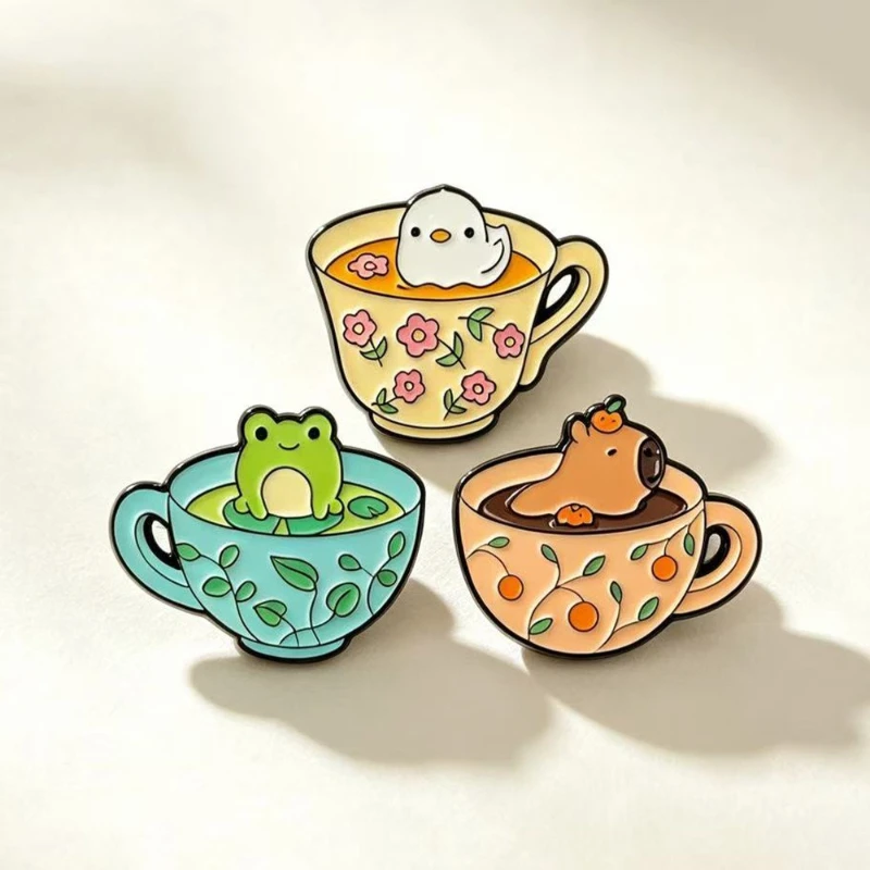 New Funny Animal Coffee Cup Brooch Cartoon Duck Frog Creative Enamel Pin Badge for Gift DIY Clothing