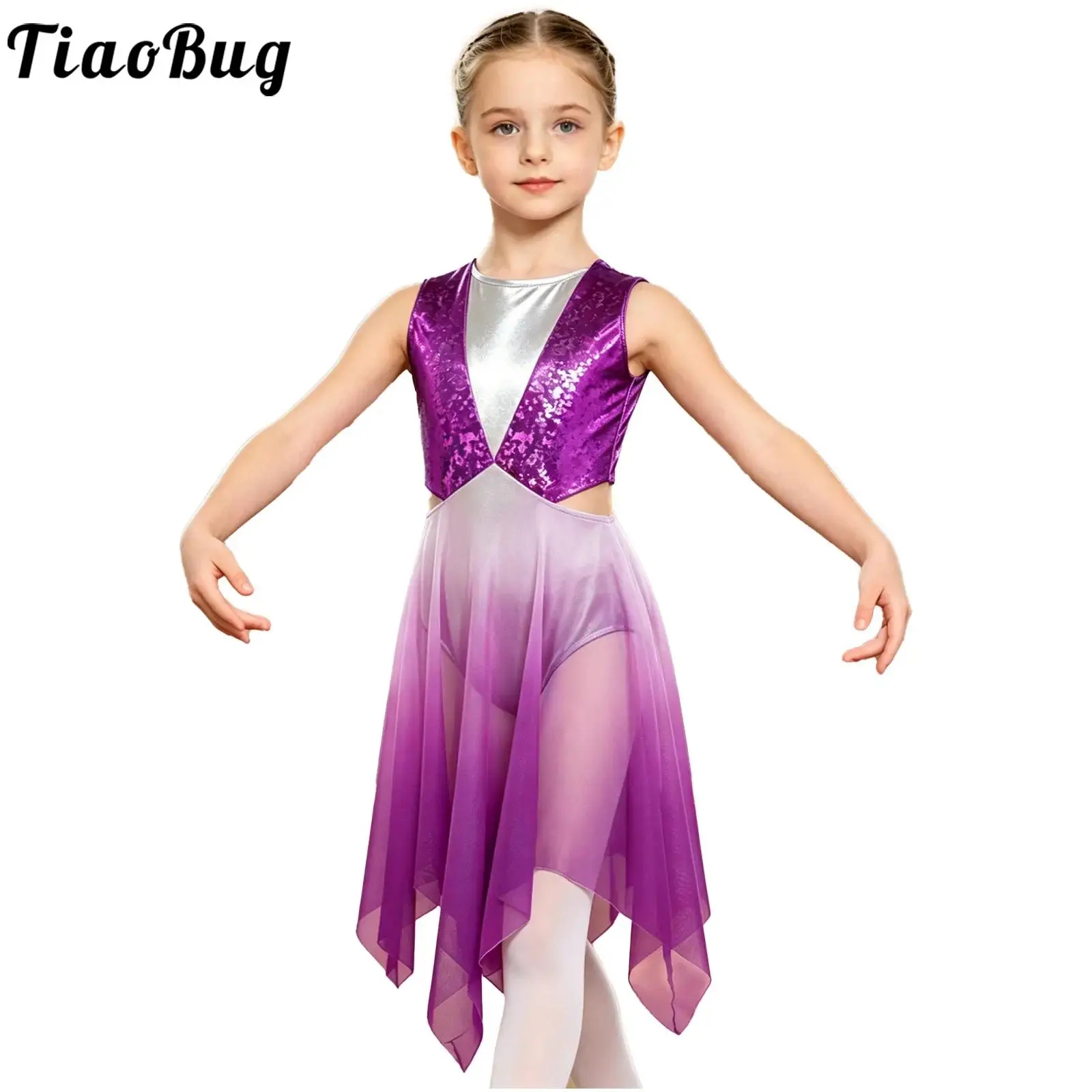 Kids Girls Lyrical Praise Dance Dress Sleeveless Metallic Bodice Mesh Ballet Gymnastics Leotard Choir Worship Ballroom Dancewear - view 2