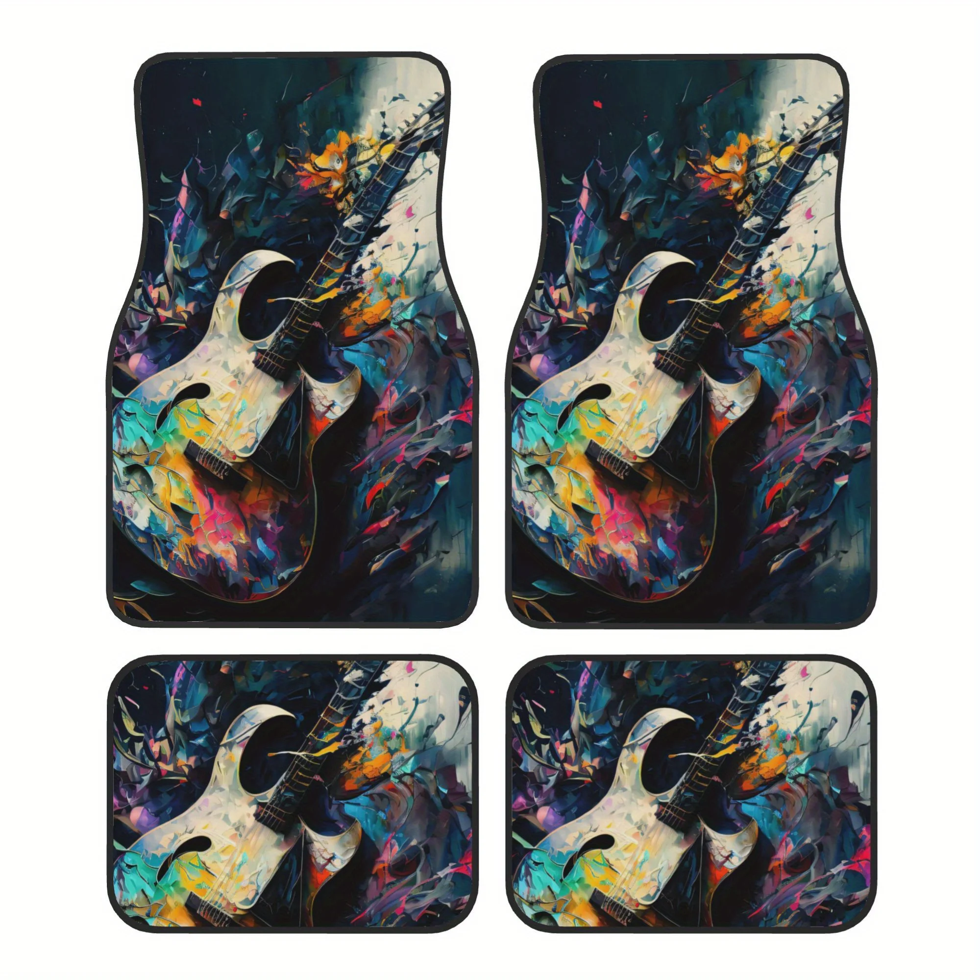 4pcs Bright Abstract Guitar Painting Car Floor Mats - Vibrant Polyester Non-Slip Liner, Easy To Clean, All-Season Use, Fit For F