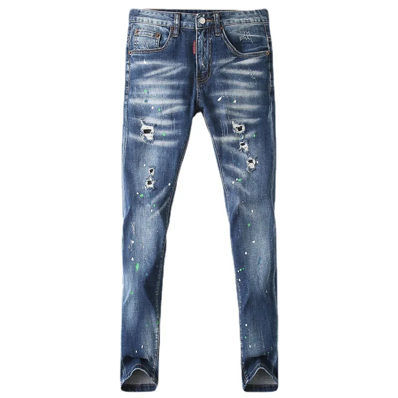 Street Fashion Men Jeans Retro Blue Elastic Skinny Ripped Jeans Men Vintage Trousers Painted Designer Hip Hop Denim Pants Hombre