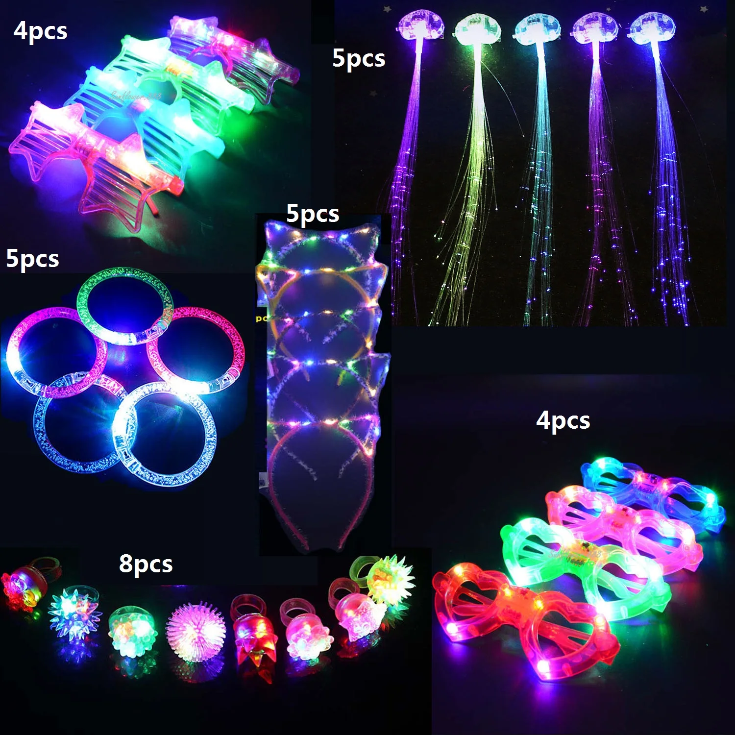 Pack Light Up Toy Party Favor Birthday Gift LED Accessories Glow Flashing Ring Bracelets Glasses Bar Christmas Wedding Halloween