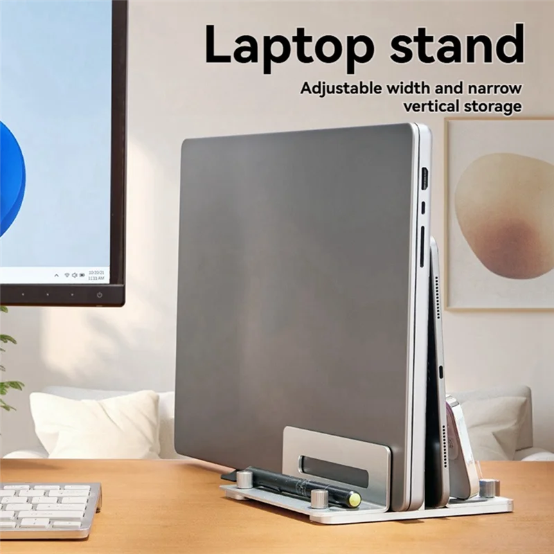 QWE-垂直ラップトップストレージスタンド調節可能なダブルクリップラップトップスタンドPro、Lenovo YOGA、その他のノートブック用グレー
