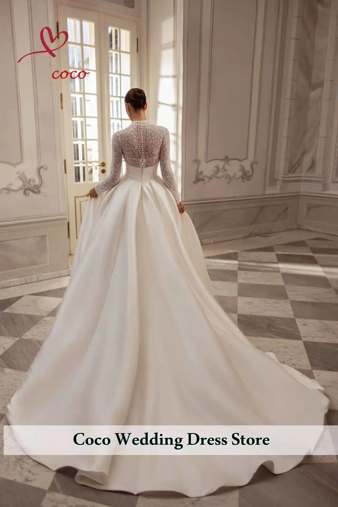 Customized 2026 Long Sleeve A-Line Wedding Dress Fashion O-Neck  Pearls Satin Bride Gown Princess Vestido de Noiva