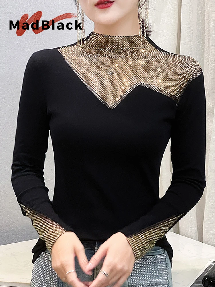 

MadBlack-Women European T-Shirt, Sexy Turtleneck Hot Diamond, Streetwear Long Sleeve Slim S-2XL Knit Tee, 2025 Winter T5D168CC