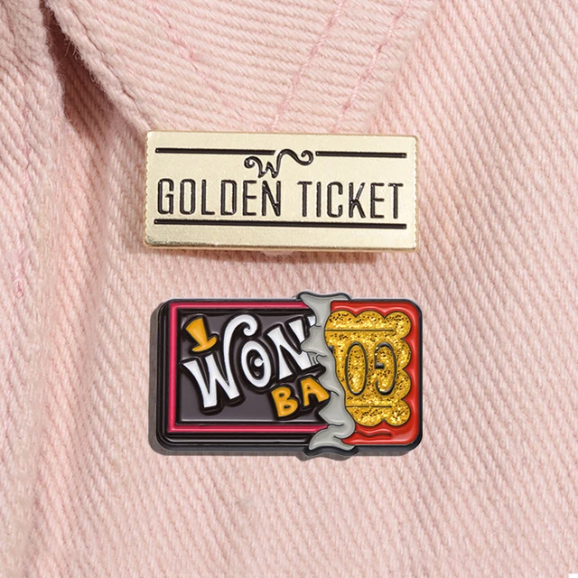 Złoty bilet VIP emalia Pin Wonka fabryka czekolady filmy komediowe metalowe broszki klapa plecak odznaka biżuteria prezenty dla przyjaciół