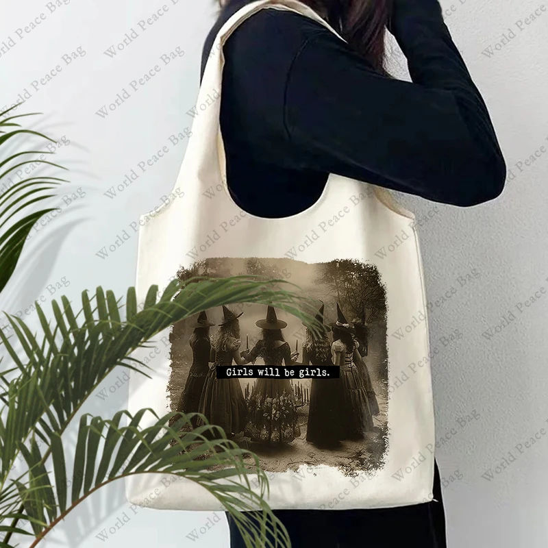 

1 шт., Холщовая Сумка-тоут с принтом ведьмы для девочек
