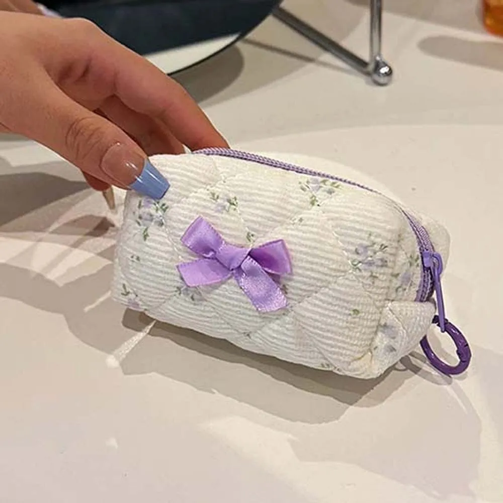 Embroidered Bowknot Mini Makeup Bag Quilted Lattice Floral Print Quilted Cosmetic Pouch Compact Size Multi Patterns