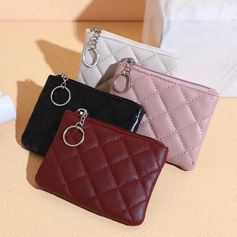 Unisex Coin Wallet Key Chain PU Leather Zip Fashion Small Purse Money Designer Diamond Pattern Short Change Pouch Coin Purses