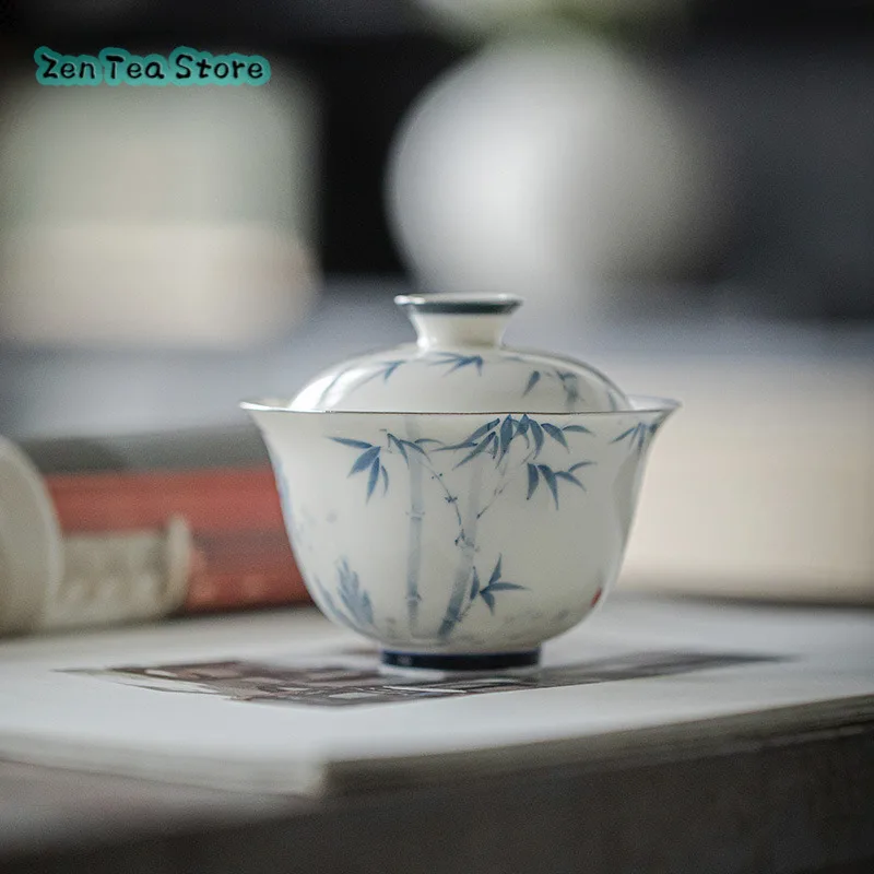 

Hand-painted Blue And White Cover Bowl Under Glaze Color Tea Bowl Ceramic Literati Spotted Bamboo Branches Fuling Cover Bowl