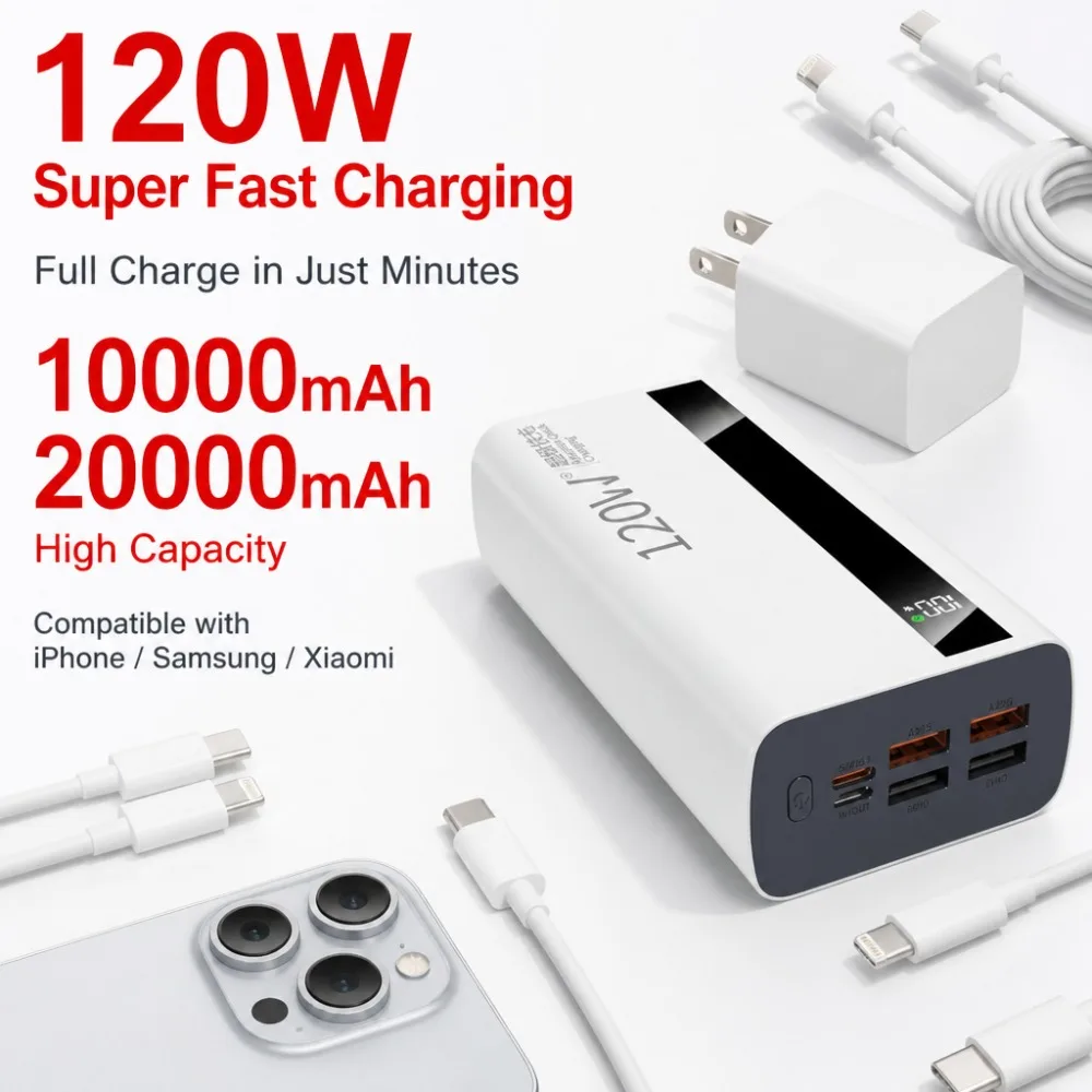 10000mAh 120W Super Fast Power Bank, Portable Battery for iPhone/Samsung/Xiaomi, PD+QC 3.0 External Battery PowerBank