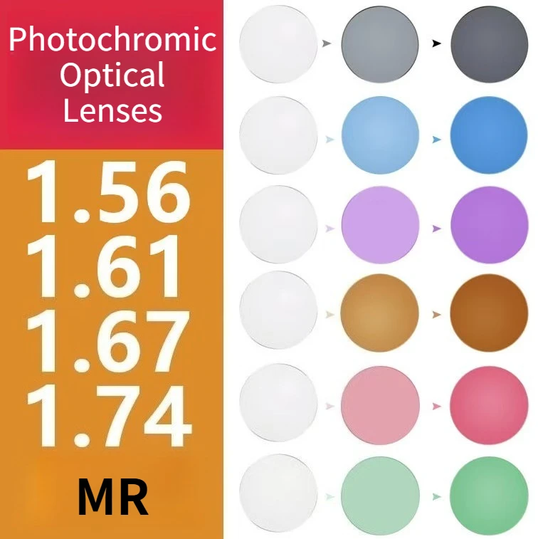 New Photochromic Optical Lenses 1.61 1.67 1.74 MR-8 Super Tough Discoloration Prescription Glasses Lens UV Protection Sunglasses