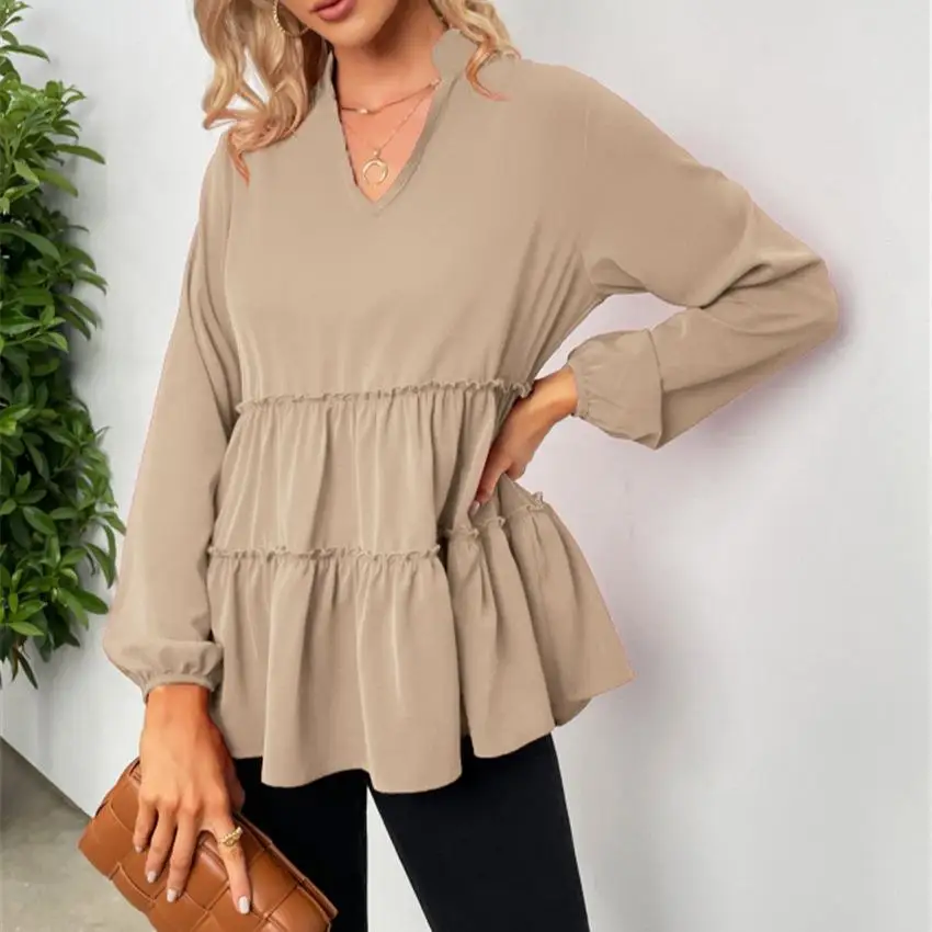 エレ レディース プリーツ フリル裾 イルト ルーズフィット ロングスリーブ ポリエステル繊維 変形しない レギュラー 薄手 秋シーズン