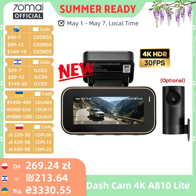 70mai New Genuine Dash Cam 4K A810Lite HDR Supercapacitor 4G LTE Remote Control Wi-Fi 6 GPS Voice Control Car DVR 70mai A810Lite
