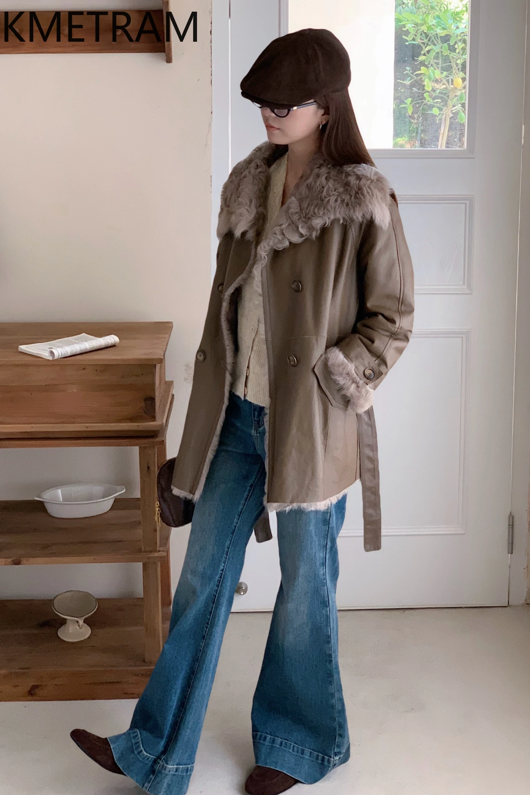 KMETRAM Natural Wool Sheepskin Double Faced Fur Coat Woman Luxury Mid Length Real Fur Jacket 2025 Winter Clothes шуба женская