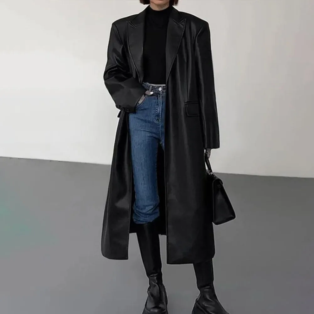 PRINTKAOIR Spring Black Oversized Long Waterproof Leather Trench Coat 2024 Women\'s Long Sleeve Loose Korean Fashion Clothing