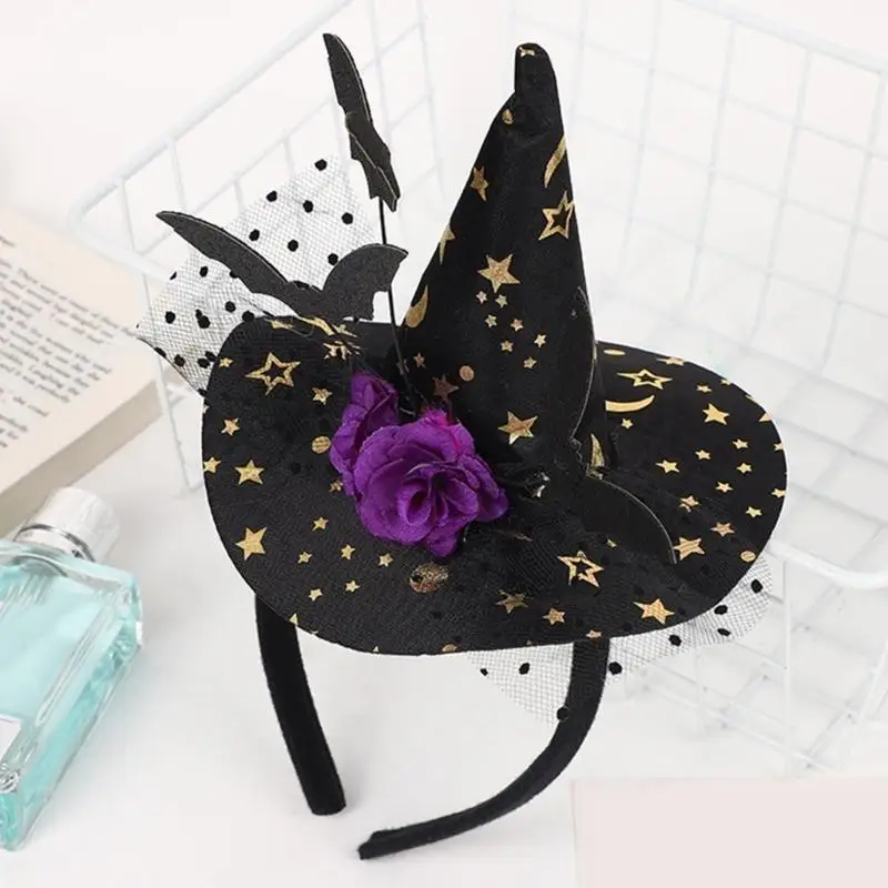 652F Halloween Headband Wearable Witch Cap Headpiece Cosplay Costume Spooky Hairband for Adult Kids Festival Party Head Wear