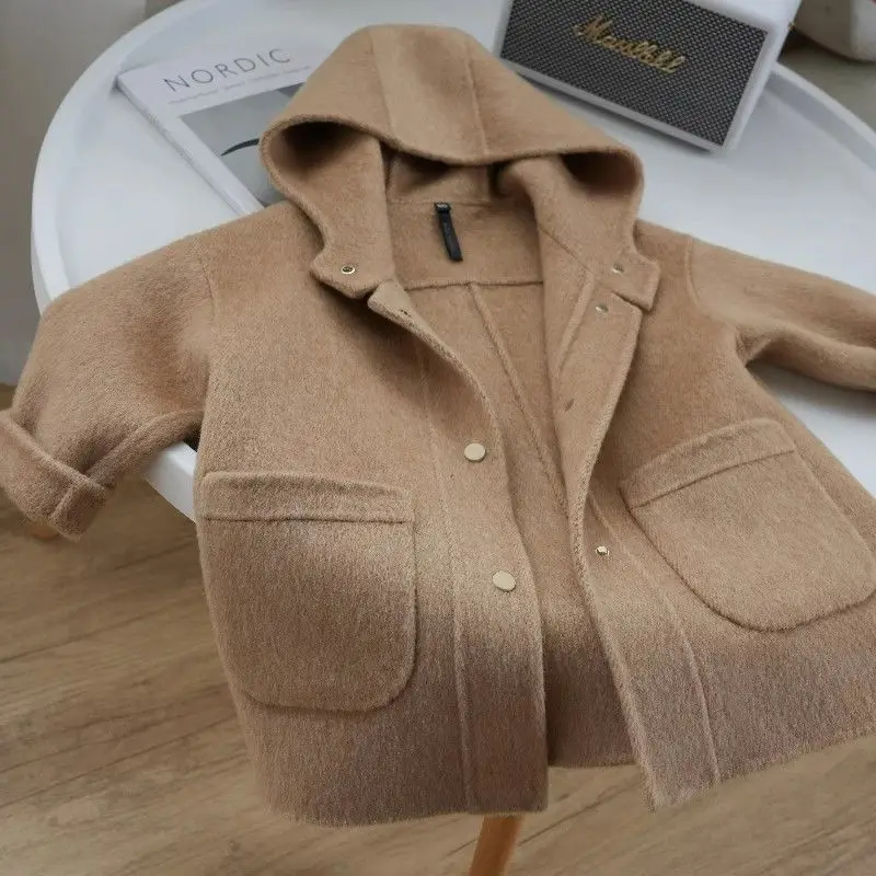 Children Clothing 23 Autumn Winter New Camel Colored Double-sided Hooded Woolen Coat Children Stylish Medium Length Woolen Coat