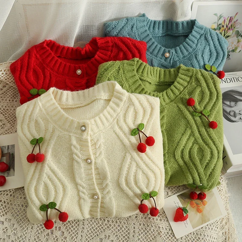 

3D Cherry Patchwork Y2k Aesthetic Sweater Women Autumn New Round Neck Single Breasted Knitted Cropped Cardigan Sweater Mujer