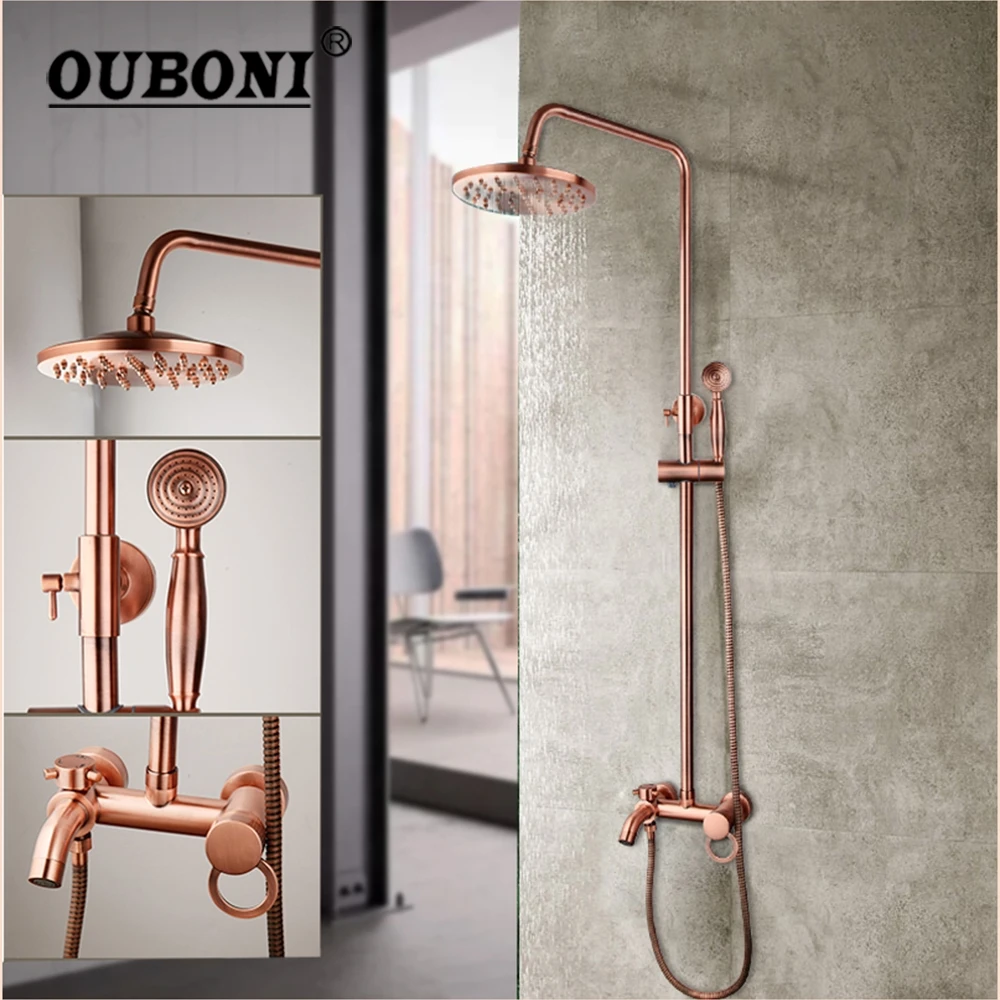 OUBONI Rose Golden Bathroom Shower Set Rain Shower Head Bath Shower Mixer 3 Functions with Hand Shower Tap Faucet