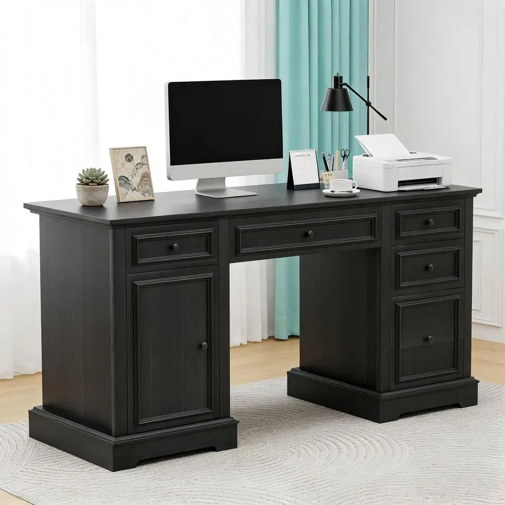 

Рабочий стол 60 Executive Desk, современный компьютерный стол с ящиками и шкафчиком для документов, текстурированный офисный стол для рабочего места или учебы, черный