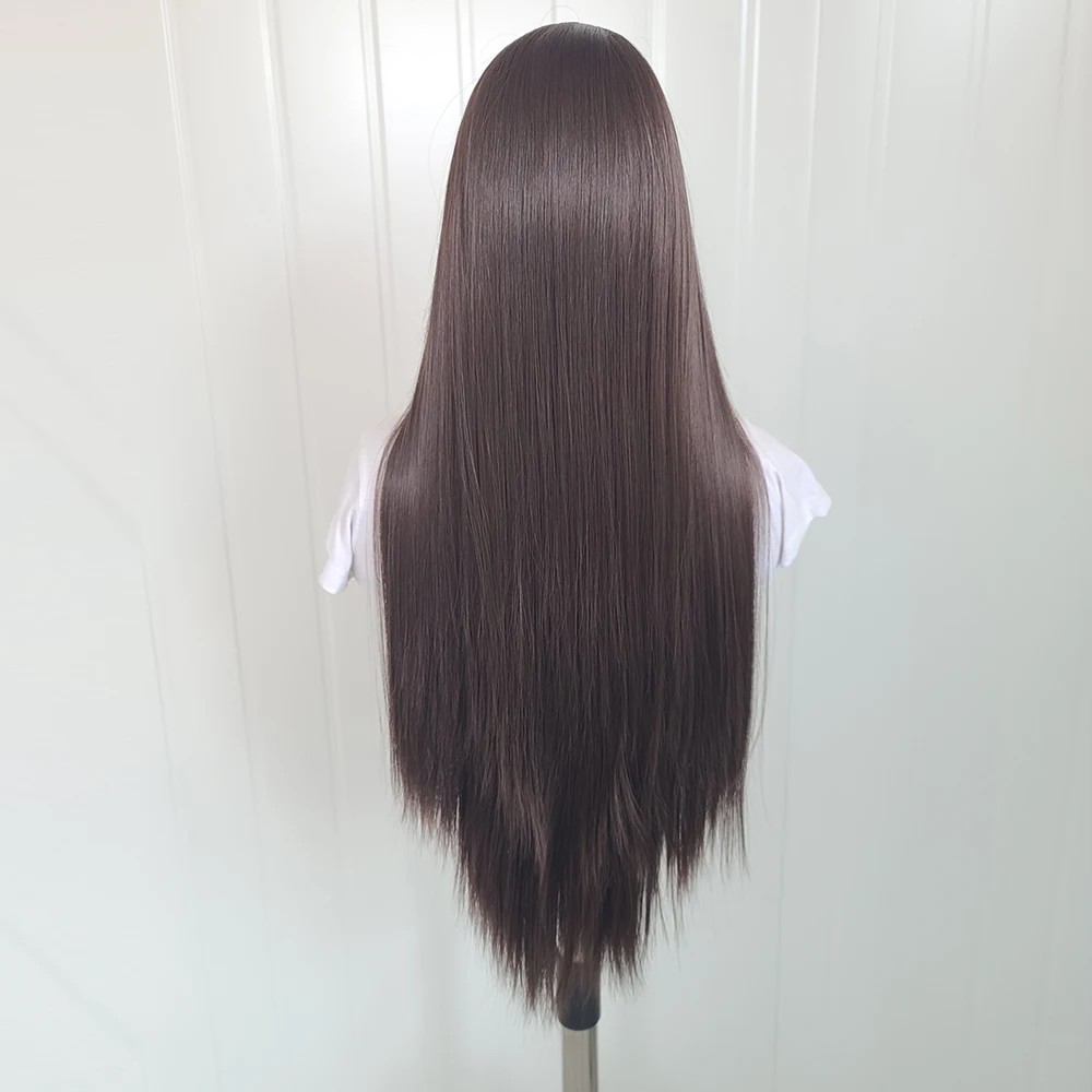 Chocolate marrom sedoso em linha reta cabelo sintético perucas dianteiras do laço para preto feminino sem cola transparente longo 180 densidade perucas do laço