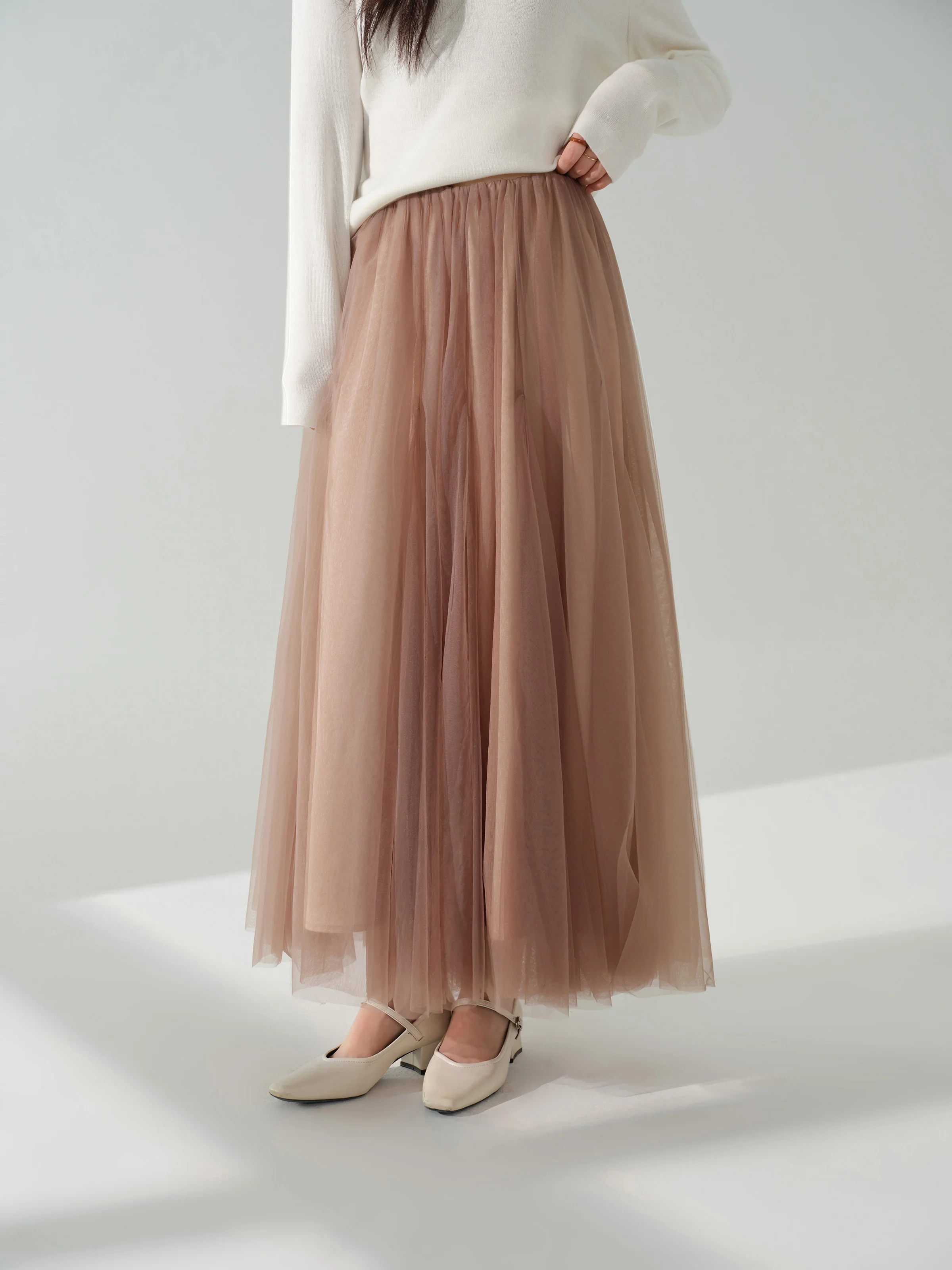 Elegant Mesh Tulle Skirt Women High Waist A-Line Midi Skirt Flowy Pleated Elastic Waist Skirt for Autumn Slimming Casual Outfit