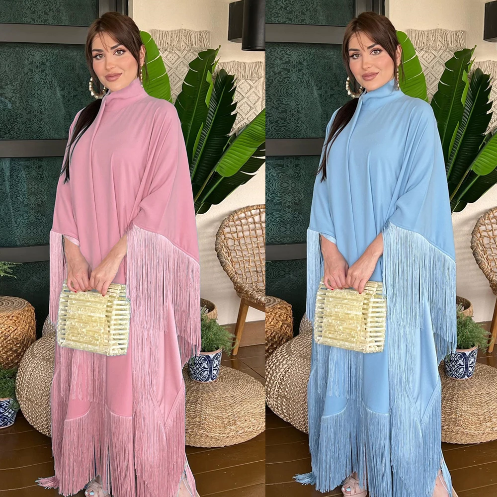 

Eid Mubarak Djellaba Abaya Bat Sleeve Tassel Fringed Kaftan Women Muslim Loose Caftan Arab Moroccan Dubai Gown Islamic Jalabiya