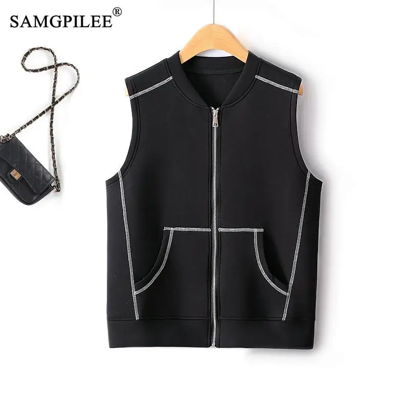 

Vests For Women Autumn 2023 New Detailed Decoration Stand Collar Zipper Cardigan Air Cotton Solid Sleeveless Jacket Woman 4XL