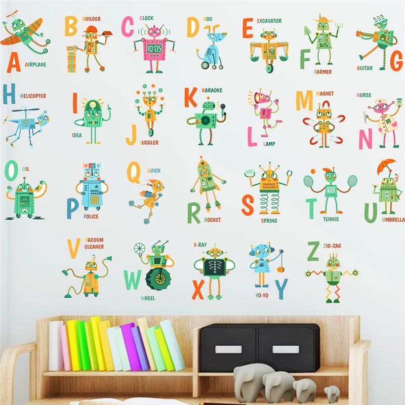 Funny Robots Letters Wall Stickers For Kids Bedroom Decoration Diy English Alphabet Mural Art Home Decals Educational Posters