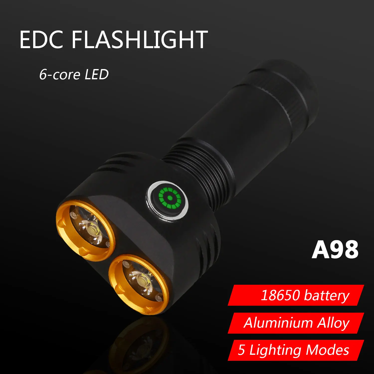 BALDR A98 Black EDC Flashlight Super Bright with Six Wicks, Tail Strong Magnet Design Type-c Charging with 18650 Battery