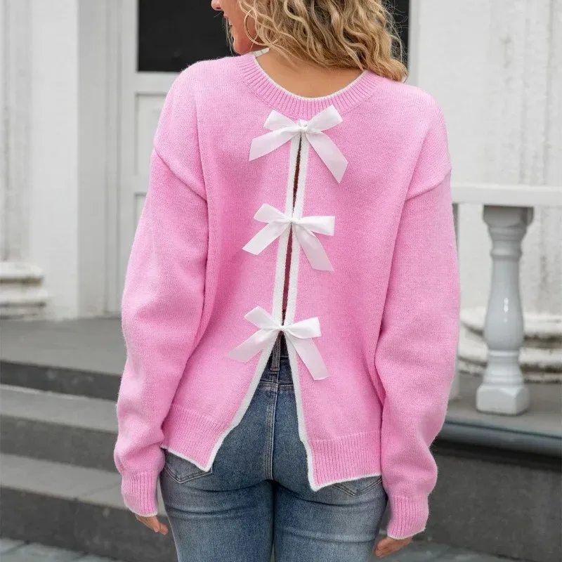 

Chic Back Bow Lace up Sexy Backless Knitted Sweater Women's Autumn/Winter Sweater New O-neck Long Sleeve Solid Fashion Pullover
