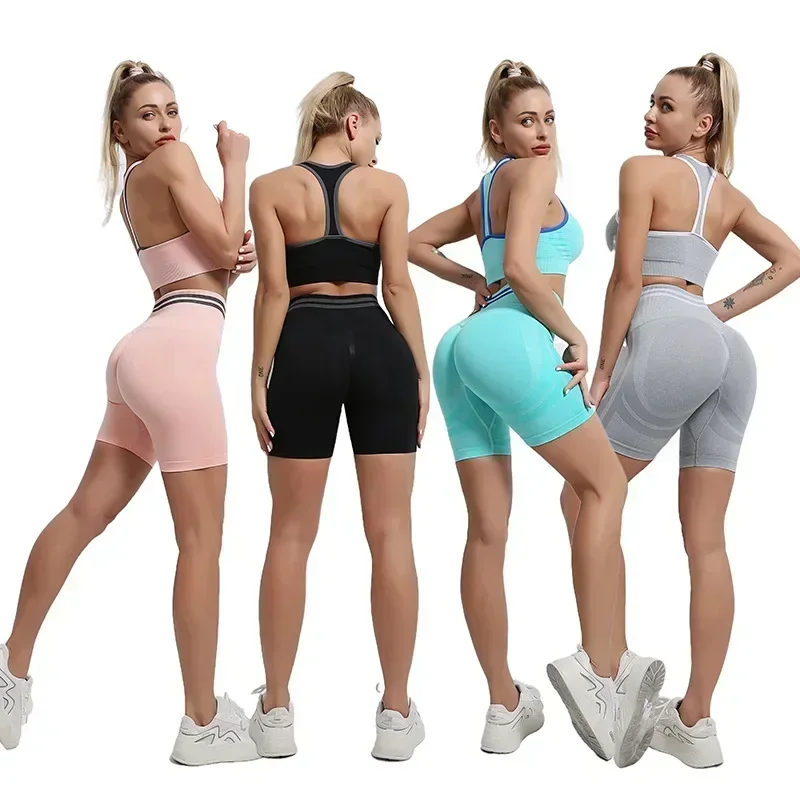 Conjuntos de ioga sem costura para mulheres, fitness esportiva, shorts de levantamento do quadril pêssego, beleza nas costas, roupas de manga curta, leggings de ginástica