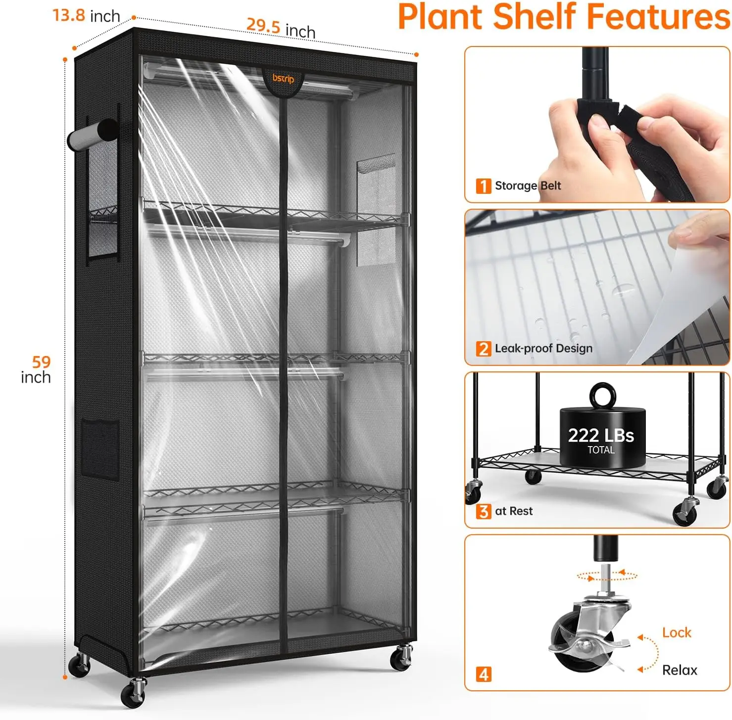 Indoor Plant Growing, Plant Stand with Grow Lights and Tent, 4 Pack 24W Full Spectrum Lights, Black