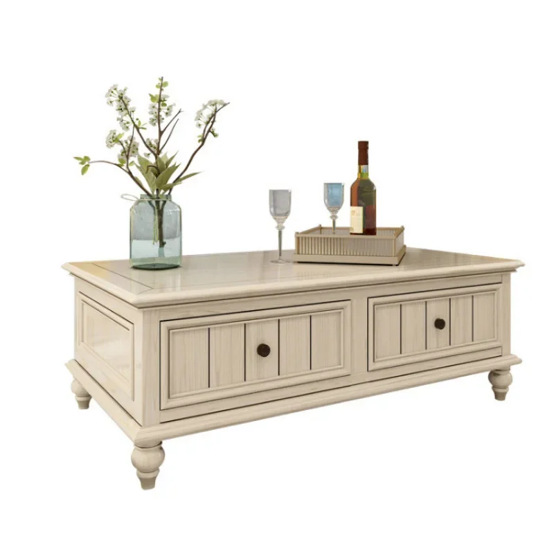 

All solid wood coffee table, simple small apartment tea table antique white coffee table TV cabinet combination, living room