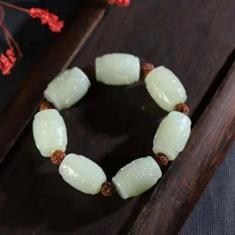 

Natural Xinjiang Hetian Vintage Animal Face Barrel Beads Men's White Jade Bracelet