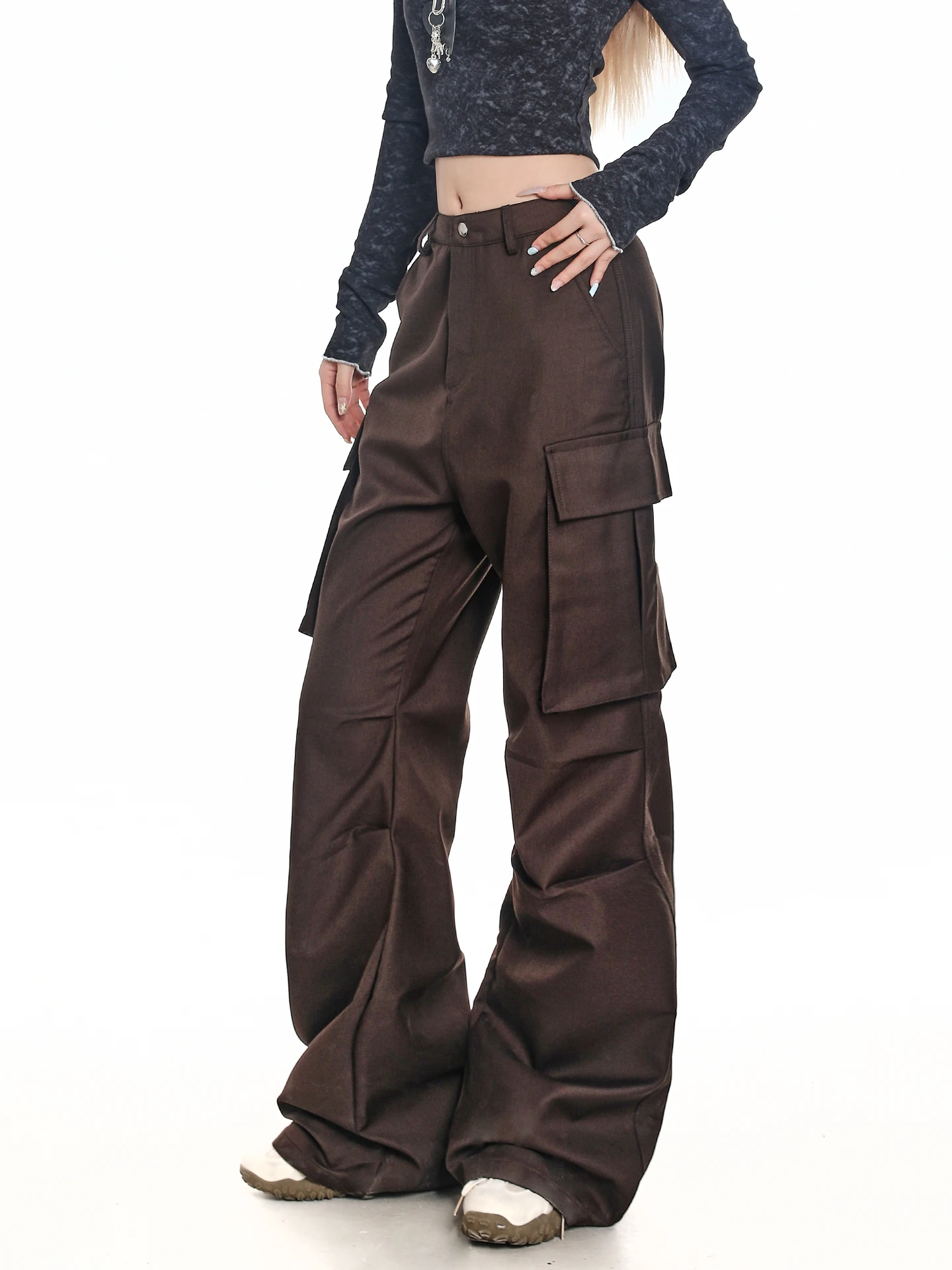 American Retro Straight Leg Work Pants Women Loose Wide Leg Casual Commute Pants Multiple Pockets Casual Cotton Blend