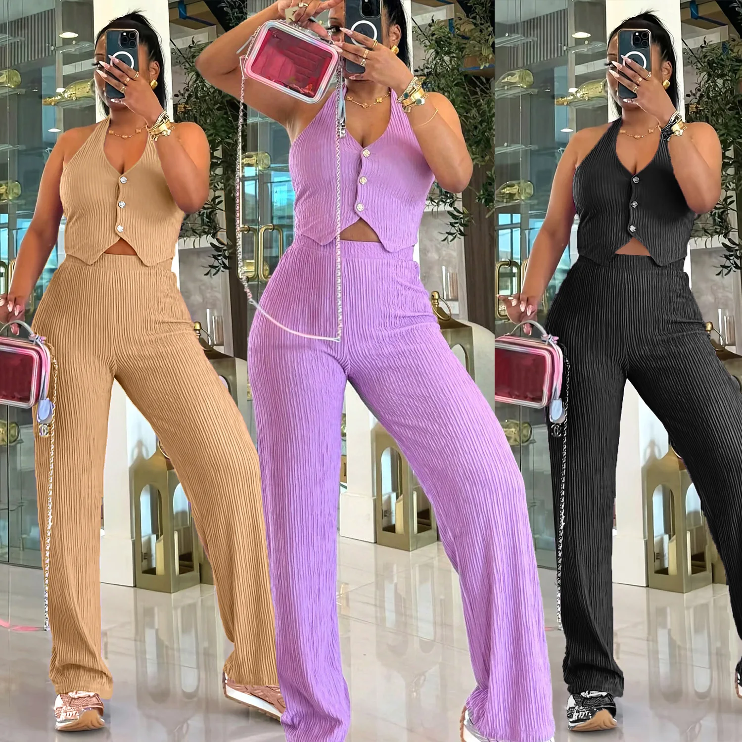 2025 ฤดูใบไม้ผลิ/ฤดูร้อนใหม่ผู้หญิงแฟชั่นSlimmingเสื้อกั๊กเอวสูงกางเกงขากว้างสไตล์ชุด 2 ชิ้น