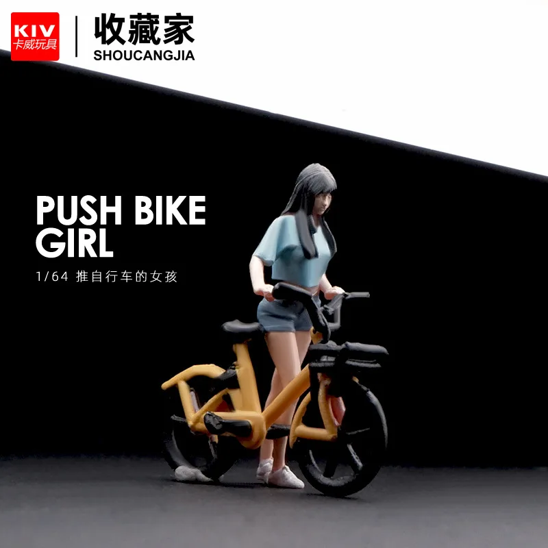 1:64 scale miniature model of a girl riding a bicycle, resin micro figurine, food toy, small doll, prop, sandbox decoration