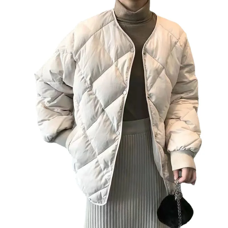 

Puffer Parkas Womens Quilted Padded Bow Fur Collar Champagne Rainbow Thread Wash Free Grid Coated Single Button Air Side Split