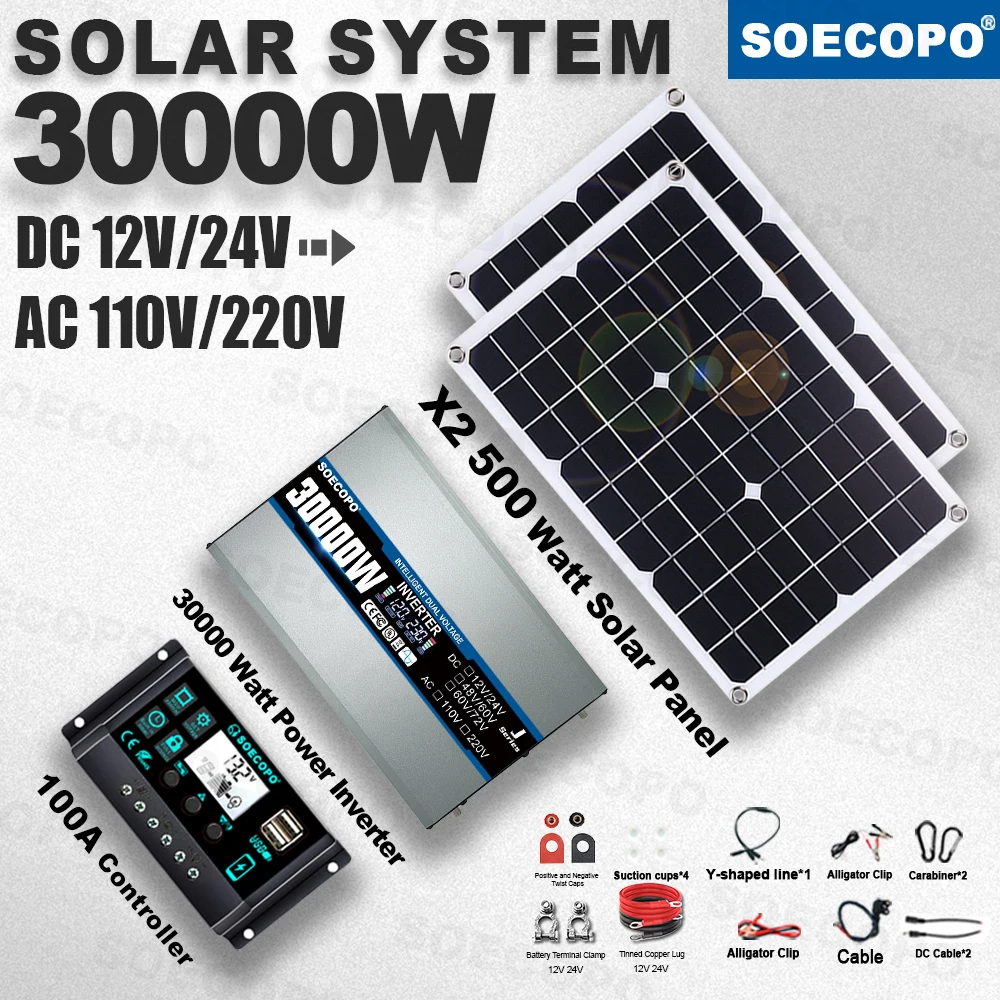 Off-Grid 30000W Dual Voltage Solar Kit +2×500W Panels +100A Controller +12V/24V 110V 220V Inverter for fish/garden/Emergency Use