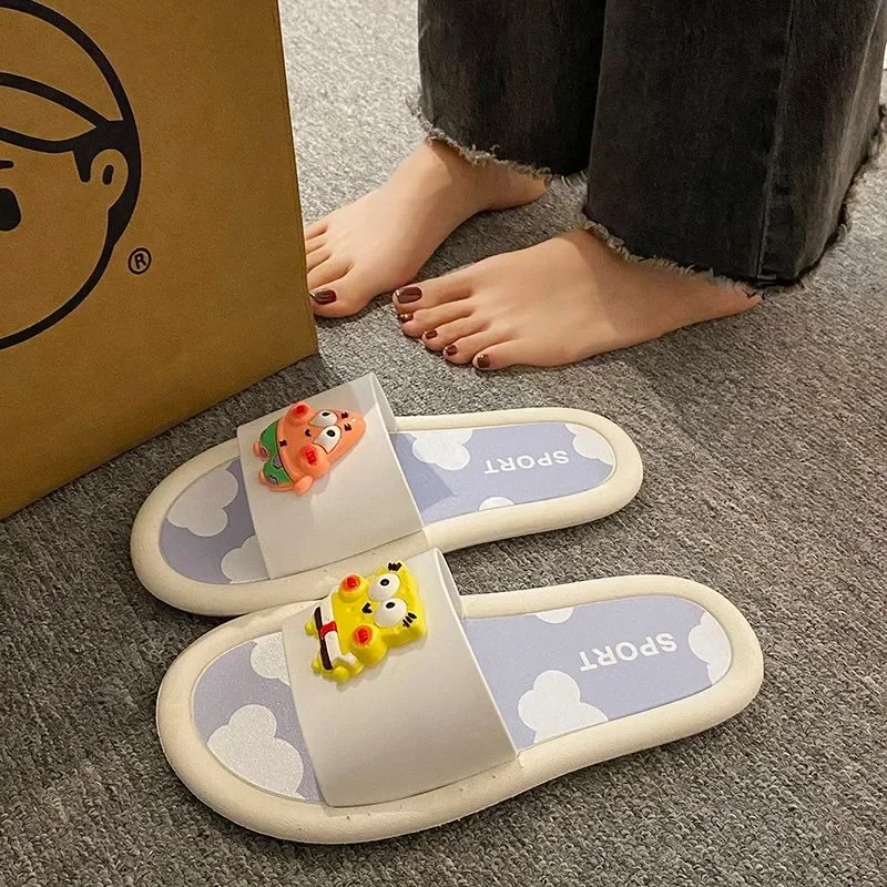 New Style Kawaii Anime Cartoon Cute SpongeBo SquarePants Summer Thick Sole Increase Word Sandals Student Wear Outside Indoor